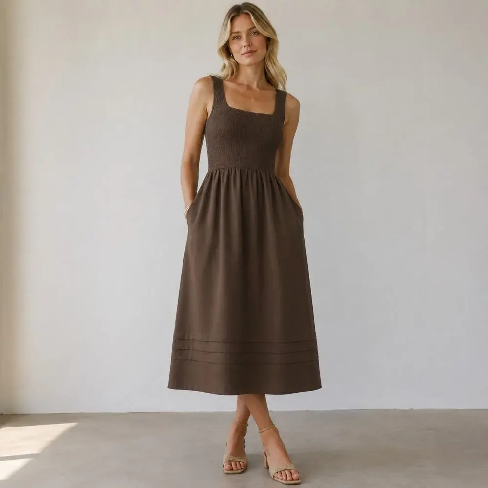 Tuckernuck Olive Tiernan Ruched Bodice Sun dress pockets midi medium NWT - Picture 1 of 10